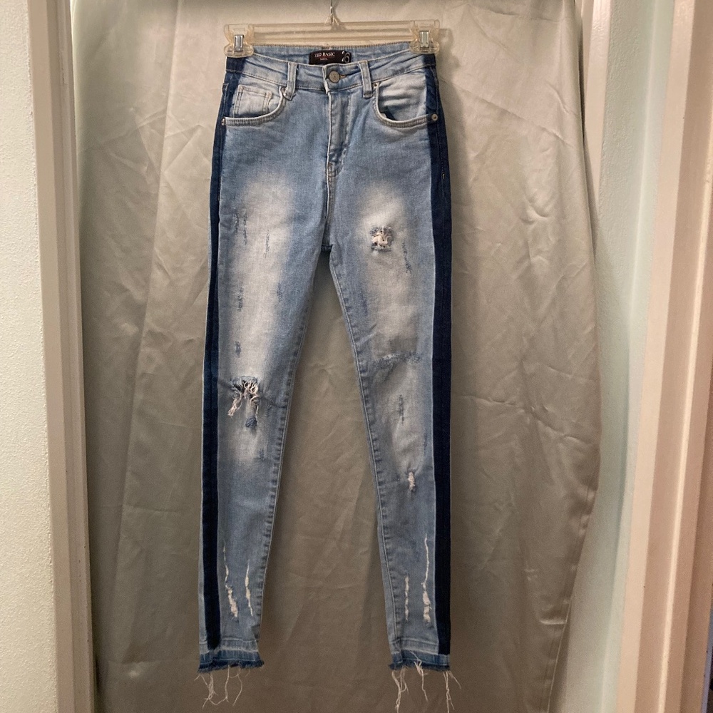 Zeo Basic Premium Tuxedo Stripe Skinny Distressed Hi Wst Jeans 26 Fit Lk 25 EUC